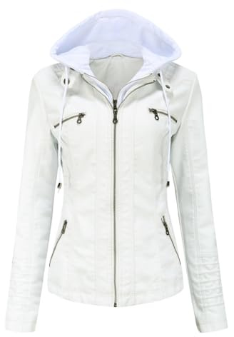 RQPYQF Chaqueta de Cuero PU para Mujer, Chaqueta de Motorista Mujer Abrigo Corto de Motociclista Casual Chaqueta Corta de Cuero PU para el Otoño, Primavera WT41 (Blanco, M)