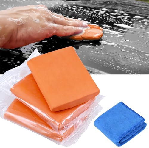 Huiguli Reinigungsknete Auto, 3 Stück Auto Reinigungsmasse mit Handtuch, Lackreinigungsknete zur Lackpflege, Magic Car Clay Bar (300g,Orange)