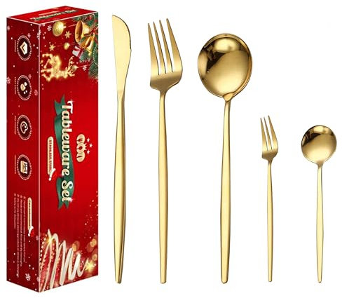 Wivico Juego de Cubiertos Dorados Acero Inoxidable 30 Piezas,Cuberteria Dorada Cuberterias Completas 6 Personas Cubiertos con Cuchillo,Tenedor,Cuchara,Pulido Espejo,Apto para Lavavajillas