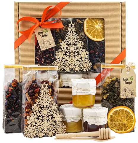 UniTea Land Premium Geschenkbox – Weihnachtlicher Tee Geschenkset mit Honig, Konfitüre und Holzdekoration