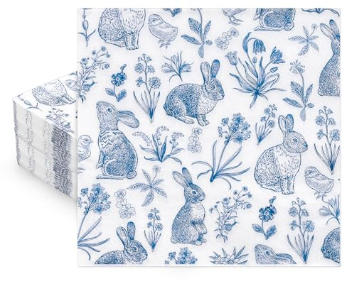 Whaline 50 Pcs Blue White Easter Paper Napkins Retro Bunny Rabbit Flower Disposable Napkin Chinoiserie Luncheon Dinner Napkins for Spring Wedding Birthday Party Table Supplies