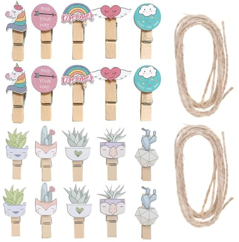 XUZWECP Confezione da 20 Mini Mollette in Legno Naturale con Corda di Iuta, Multicolore
