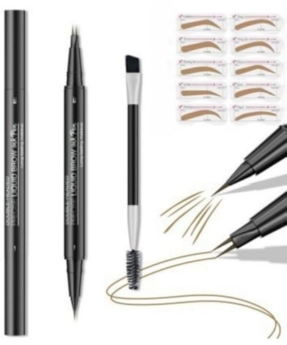 Dual-Spitzen Augenbrauenstift Wasserfest mit Kammspitze & Nadelspitze - Ultrafeine Spitze für Natürliche Haarbügel-Striche, Schweißresisten& Verwischfest - Inkl. Schablone für Anfänger (Hellbraun)