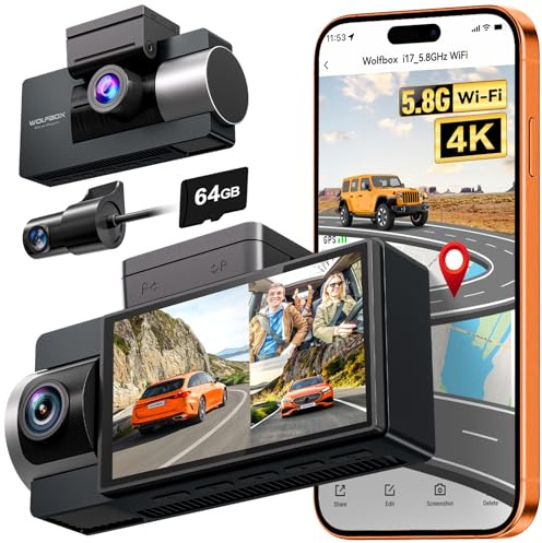 WOLFBOX i17 4K Caméra pour Voiture 3 Canaux, WiFi 5.8GHz & GPS avec Carte 64GB, 4K+1080P+1080P Caméra Avant Arrière Intérieure, Écran 3, Vision Nocturne IR, WDR, Mode Parking 24H