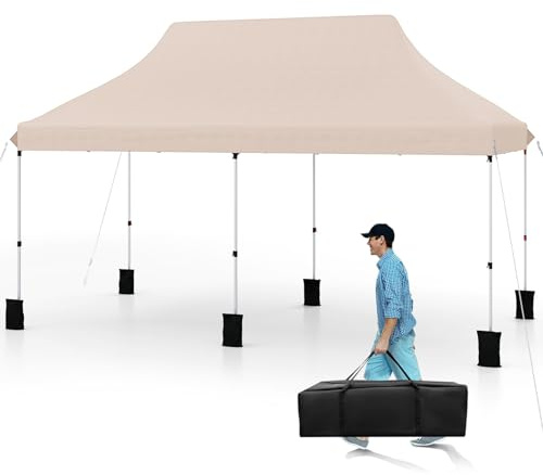 FANTASK Tente de réception réglable en Hauteur de 3 x 6 m, avec Sac de Transport, imperméable, résistante à l'hiver, Protection UV 50+, pour Jardin, Mariage, fête, Beige