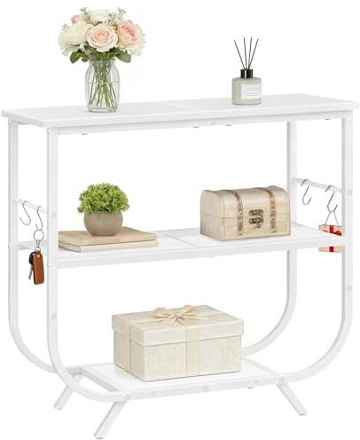 HOOBRO Mesa de Consola de 3 Niveles, Estantería Estrecha con Marco Metálico, 80 x 30 x 74 cm, Mesa Auxiliar para Sofá, Mueble de Entrada con Pies Ajustables y Ganchos, Pasillo, Salón, Blanco EWW63XG01