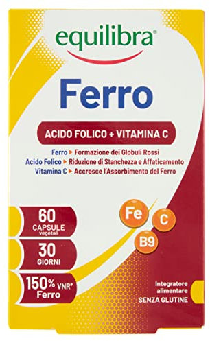 equilibra Integratori Alimentari, Ferro con Acido Folico + Vitamina C, Integratore a Base di Ferro, per la Normale Funzione dei Glubuli Rossi e dell'Emoglobina, 60 Capsule Vegetali