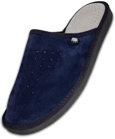 FOOTHUGS Men's Slippers Memory Foam Plantar Fasciitis Orthotic Leather Mens Mule Slippers | Arch Support Slippers For Men | Regular Fit (10UK/44EU, Navy Blue)
