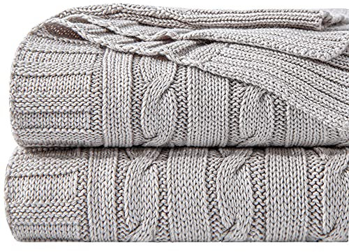 NTBAY 100% Pure Cotton Cable Knit Throw Blanket, Super Soft Warm Knitted Throw Blanket for Couch, Sofa, Chair, Bed - Extra Cozy, Machine Washable, Comfortable Home Decor, Silver Grey, 130x170 cm