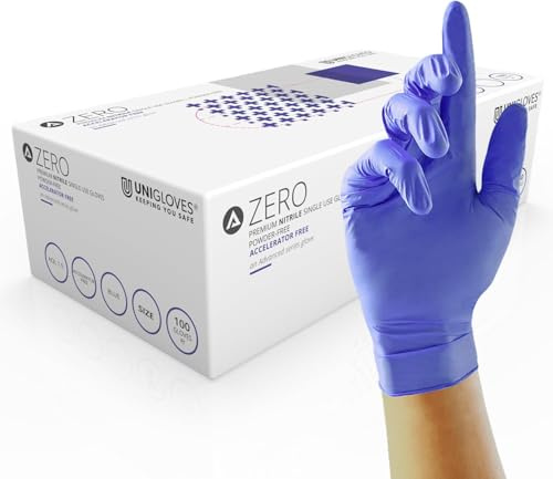 UNIGLOVES Advanced Zero GM0054 Guantes de examen de nitrilo, sin acelerador, multiusos, sin polvo, zinc, azufre y látex, caja de 100 pares, azul, grande
