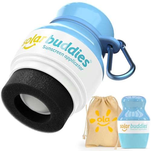 Solar Buddies Grab & Go Travel Bundle, Carabina Clip & Cleaning Brush - Refillable Roll on Sponge Sunscreen, Suncream & Lotion Applicator For Kids, Adults & Families - Holds 100ml (Blue Bag Set)