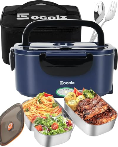 Eocolz Elektrische Lunchbox mit Speisenwärmer 80-100W, tragbarer 1,5L-Behälter mit zwei Behältern für Auto, LKW und Arbeit, inklusive Gabel und Löffel aus Edelstahl, 12/24/110V, für Erwachsene