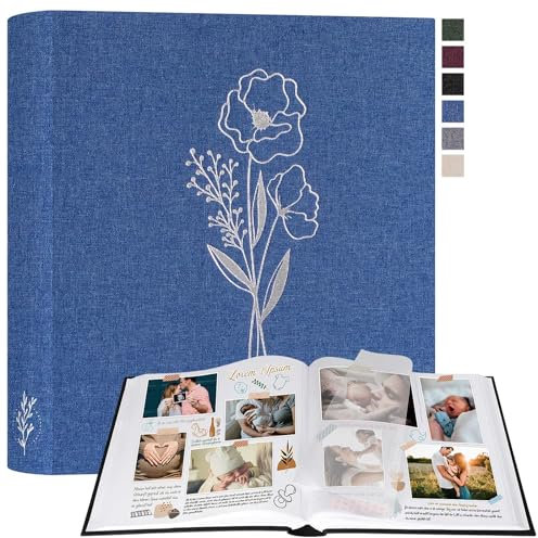 Lanpn Fotoalbum zum Selbstgestalten und Einkleben, Großes Leinen Fotobuch 100 weißen Seiten mit Pergamin Trennblätter Fasst 9x13cm 10x15cm 13x18cm Fotos (Blau, 30x33,5 cm)