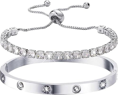 Guidre 2PCS Schmuck Damen Armreif Edelstahl Zirkonia einfache Stil Armband 6mm+Tennis Armband Damen Silber Verstellbares Kristall Zirkonia Armbänder Armbänder Schmuck Geschenk Silber (A)