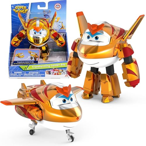 Super Wings Golden Boy trasformabile, figura trasformabile alta circa 12,7 cm, aeroplano e robot giocattolo per bambini e bambine di età superiore ai 3 anni