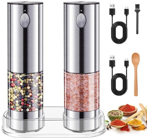 MILFECH Salz und Pfeffermühlen Elektrische Rostfreie Stähle 2er Set, Mit transparentem Aufbewahrungsboden, kleinem Pinsel und kleinem Holzlöffel (Silber), KYMQ-32A-H52-BS-BXG