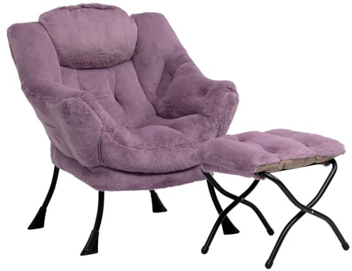 HollyHOME Armchair With Footstool, Comfy Relax Chair for Living Room, Bedroom, Reading - Accent Arm Chair With Steel Frame, Plush Purple