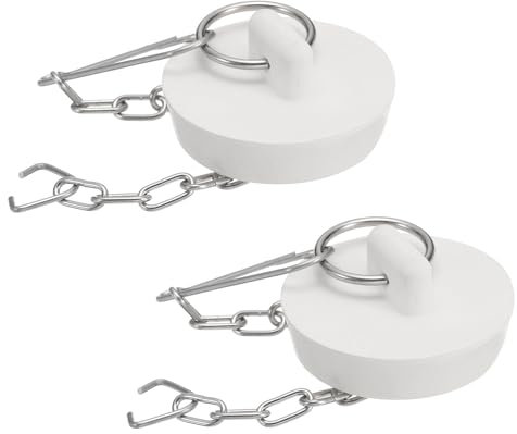 QUARKZMAN 2pz Tappi Vasca, Tappi Vasca Gomma 38-39mm Tappo per Scarico Lavello Cucina, Tappo per Scarico Bagno con Anello Trazione e Catena Acciaio Inox, Bianco