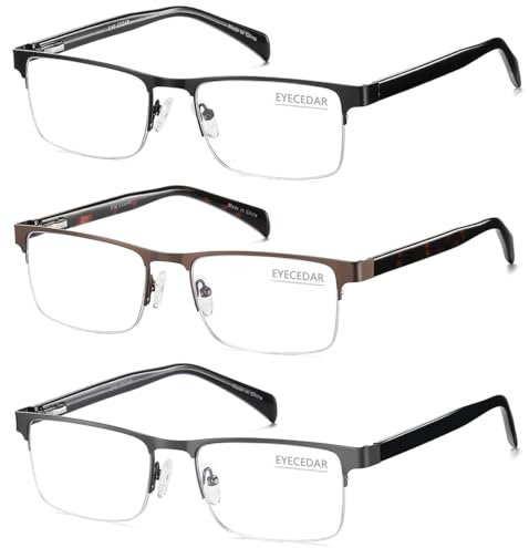 EYECEDAR 3-Pack Reading Glasses for Men Blue Light Blocking Rectangular Half Frame Metal Spring Hinges Eyeglasses Readers for Men 1.5