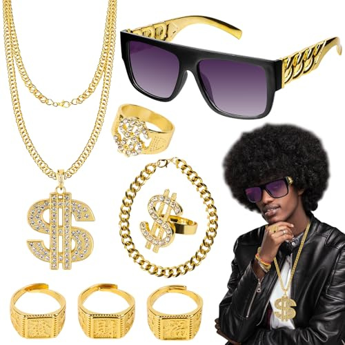 8 stycken halljacka, kostym guldkedja, maskeraddräkt, tillbehör, 80-tal, 90-tals outfit, hip hop, kostym män med gyllene solglasögon, halsband, armband och 5 gyllene ringar för karneval, temafest