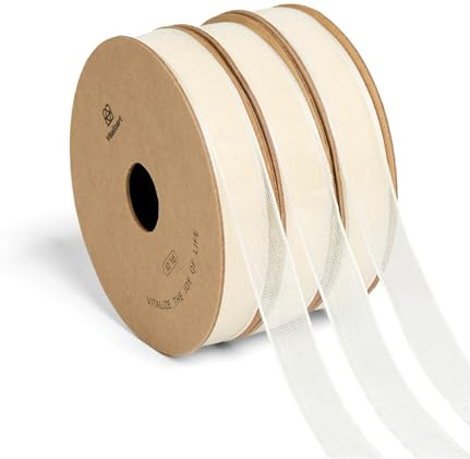 Vitalizart Cinta de Organza de 0,95 cm x 27,4 m Crema, 3 Rollos x 9,14 m, Cinta Decorativa para Envolver Regalos, Manualidades, Lazos para Árboles de Navidad, Invitaciones de Boda