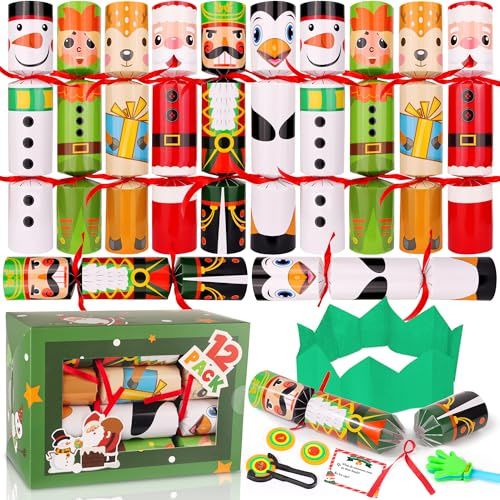 NAWITDA 12 Pack Christmas No-Snap Party Favors, Xmas Table Favor with Party Hat, Joke & Little Gift Inside, Christmas Seasonal Holiday Dinner Traditions Supplies for Kids and Adults