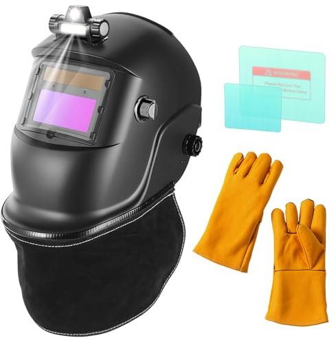 BOSYTRO Masque de Soudage avec éclairage, Casque Soude Auto-Obscurcissant, Alimenté par énergie Solaire, avec 2 Films de Protection + Gants de soudage + Tunique de Protection du Cou pour TIG/MIG