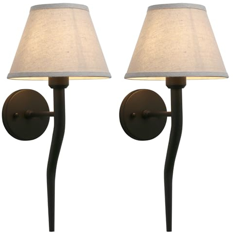 Yosoan Boho Linen Fabric Staircase Wall Sconce Set of 2, Vintage Vanity Industrial Aged Beige Retro Indoor Wall Mounted Hardwired Funnel Cloth Textile Shade for Bedroom Living Room Fireplace(Black)