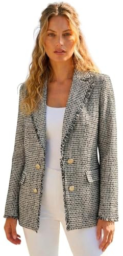 Roman Boucle Blazer for Women UK Ladies Frayed Edge Tailored Longline Rever Collar Jacket Lapel Stretch Smart Office Work Party Night Going Out Lined Classic - Check Black - Size 14