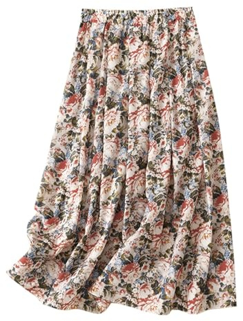 Elegant Retro Summer Flowy Chiffon Skirt with Floral Bud Design for Women Casual Outfit (Red, M)