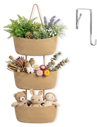Luhuuxmu Cestas de Algodón para Colgar en la Pared Cestas Decorativas Grandes 3 Niveles, Cesta de almacenamiento Colgante Organizador de Pared para Baño, Guardería, Dormitorio y Salón, Color Caqui