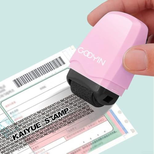 Sekretess rullstämpel med brevöppnare – självfärgande bläckpenna för svärta adresser på dokument och paket – identitetsskydd för räkningar – ergonomisk design blå (rosa)