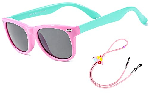 Solglasögon barn polariserade nyanser flickor pojkar UV-skyddsglasögon 2–8 år (rosa/brun), Rosa/cyan ram, grå glas