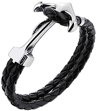 MENDOZZA Bracelet pour homme avec ancre en cuir et acier inoxydable noir argenté, 21 centimeters, Cuir