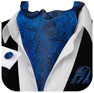 Barry.Wang Mens Blue Silk Ascort Paisley Cravat Tie Pocket Square Cufflinks Set