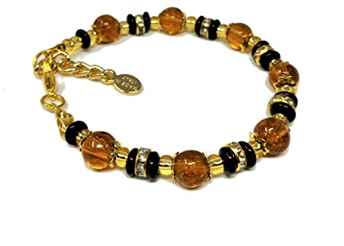 Sospiri Venezia Bracciale Donna 7 Perle in Vetro Diametro 8 mm Braccialetto Originale Vetro di Murano Gioiello Idea Regalo Made In Italy Certificato, perla Ambra slavica Nera