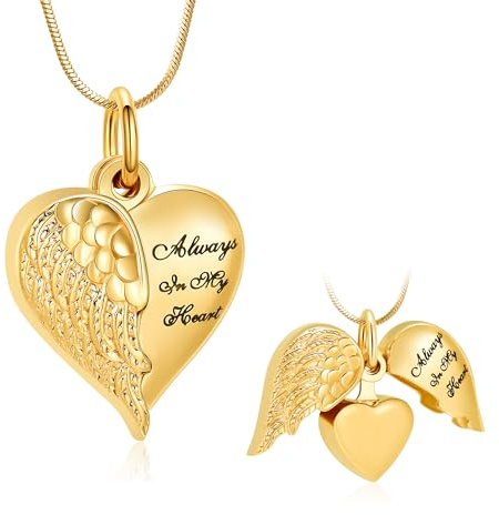 Minicremation Heart Urn Necklace Pendants for Ashes Angel Wings Cremation Jewelry for Women Men Keepsake Memorial Ash Jewelry Always in my Mind Forever in my Heart