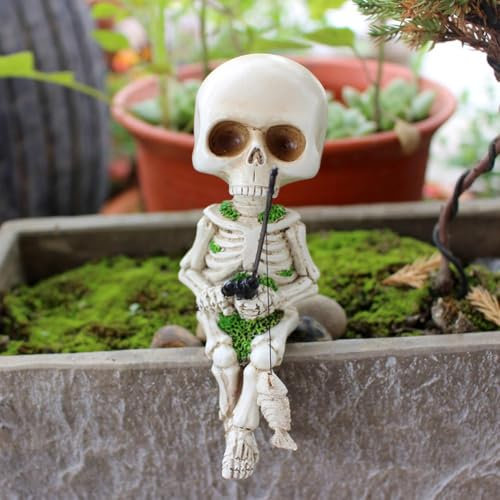 WSRRDRECVHi Statue de squelette de pêche, mini figurines de squelette, figurines mignonnes en résine pour Halloween, squelette de pêche, décoration de jardinage pour extérieur, jardin, étang,