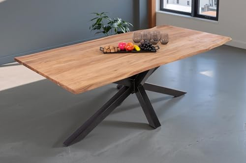 SAM Baumkantentisch 260 x 100 cm Dana, massiver Esstisch Eiche, Esszimmertisch mit schwarzem Spider-Gestell aus Metall, echte Baumkante, pflegeleichter Holztisch