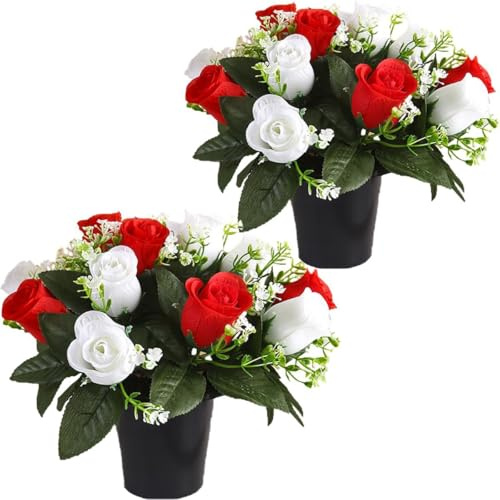 2 fiori artificiali in vaso, 12 rose artificiali per funerale, decorazione natalizia per cimitero commemorativo