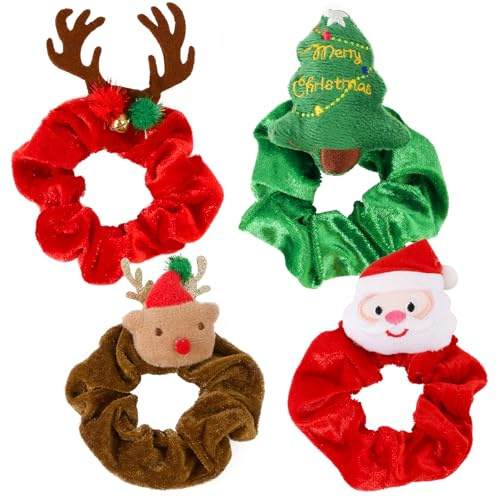BOOMTOP 4pz Elastici per Capelli Natalizi Scrunchies Natalzi per Bambini in Velluto Babbo Natale Renna Albero di Natale Elastici Scrunchies per Capelli Natalizi Accessori Decorativi Capelli Natale