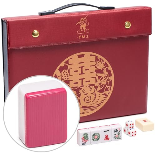 Ensemble de mahjong chinois « Rouge Harmony » avec 146 carreaux moyens, étui en vinyle rouge, indicateur de vent et dés – pour un jeu de style chinois uniquement [] - Yellow Mountain Imports