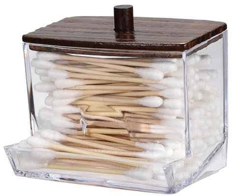 SUMTree Distributeur de boules de coton en forme de L en acrylique avec couvercle en bois, distributeur de cotons-tiges, boîte de rangement pour salle de bain, pot d'apothicaire en plastique pour