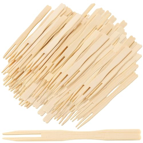 PUCSIQ 1000 forchette da frutta monouso in bambù da 9 cm con due denti, piccole forchette in legno, punta smussata per piatti di frutta, finger food, catering, buffet per feste