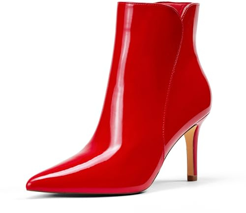 Zhabtuc botines de mujer con tacón de 8 cm, punta sexy, zapatos de noche y fiesta elegantes con cremallera lateral, Charol rojo, 40 EU