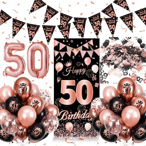Decoracion 50 Cumpleaños Mujer, 50 Cumpleaños Mujer Oro Rosa Negra, Globos 50 Cumpleaños Decoracion con pancarta, Foil Número 50, Confeti, Globos de Látex para Fiesta de 50 Años