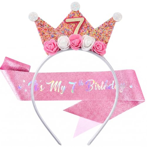 IMLDUY Couronne Anniversaire 7 Ans et Écharpe pour Fille, Kit Couronne Princesse et Bandeau Rose pour Décoration de Fête, Cadeau Anniversaire Enfant 7 Ans Accessoires Cheveux