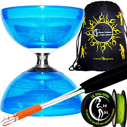 Juggle Dream Cyclone Quartz Diabolo (Blue) – Triple Bearing, Medium, with Diablo Aluminium Drumsticks and Pro Ultra-Spin 10 m Diabolo String + Carry Bag