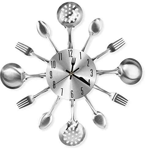 CIGERA 14 Inch Cutlery Kitchen Wall Clocks with Fork and Spoon Dial, Silent Clock Movement and Battery Operated, Great Wall Decor and Nice Housewarming Gifts