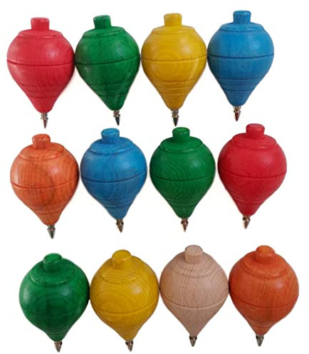 Set aus 4/12 Klassischer Holzkreisel; Farbig; mit Kugelschreiberspitze - Spielzeug Jungen Mädchen - Geschenke und Einzelheiten für Kommunion, Kinderfeste, Kindergeburtstag, Geburtstages, Spinner (4)